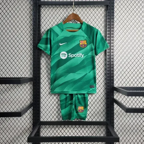 Barcelona 2023/24 Green Goalkeeper Kids Jersey And Shorts Kit